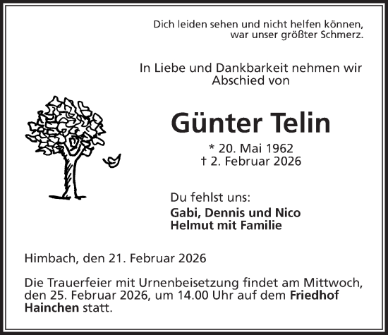 Traueranzeige von Günter Telin 