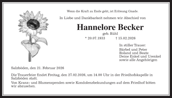 Traueranzeige von Hannelore Becker von Giessener Anzeiger, Giessener Allgemeine, Alsfelder Allgemeine