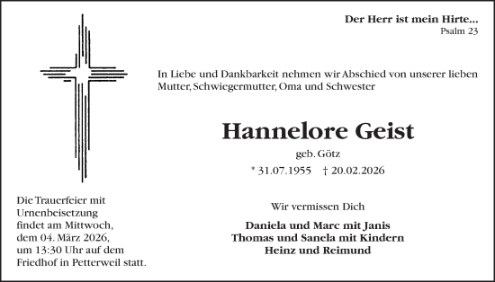 Traueranzeige von Hannelore Geist von Bad Vilbel/Karben