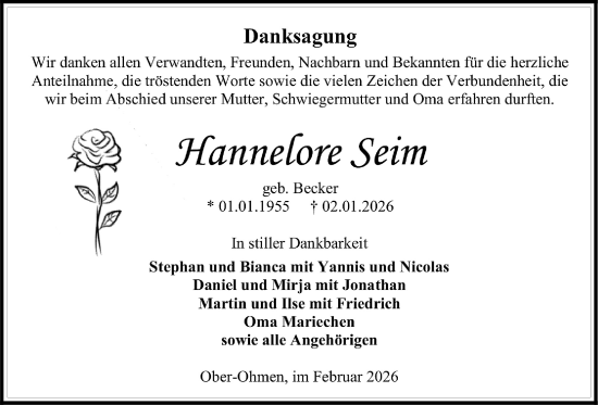 Traueranzeige von Hannelore Seim von Mücker Stimme, Oberhessische Zeitung, Alsfelder Allgemeine
