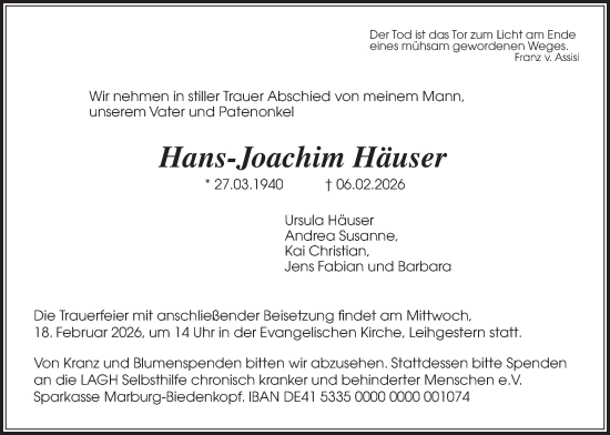 Traueranzeige von Hans-Joachim Häuser von Giessener Allgemeine, Alsfelder Allgemeine