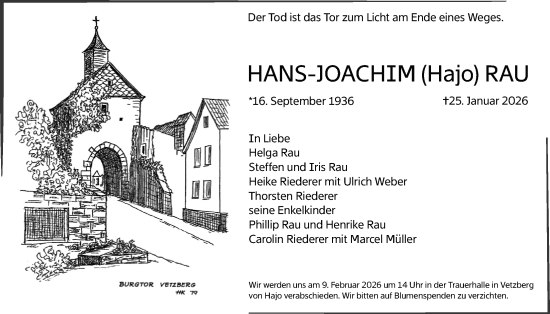 Traueranzeige von Hans-Joachim Rau von Giessener Allgemeine, Alsfelder Allgemeine, Giessener Anzeiger
