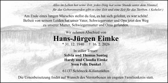 Traueranzeige von Hans-Jürgen Eimke von Bad Vilbel/Karben