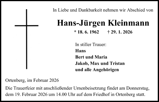 Traueranzeige von Hans-Jürgen Kleinmann von Kreis-Anzeiger