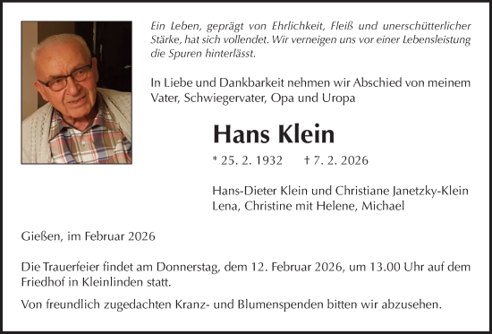 Traueranzeige von Hans Klein von Giessener Allgemeine, Alsfelder Allgemeine, Giessener Anzeiger