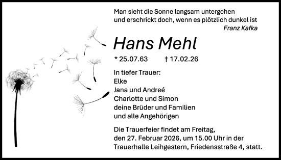 Traueranzeige von Hans Mehl von Giessener Anzeiger, Giessener Allgemeine, Alsfelder Allgemeine
