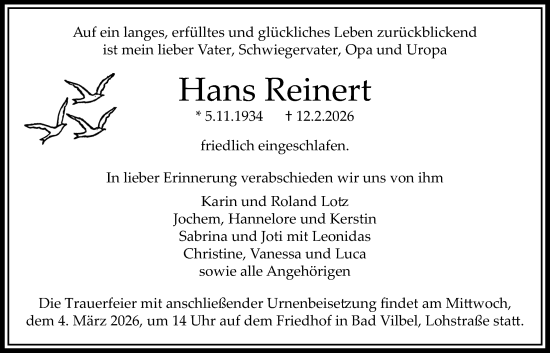 Traueranzeige von Hans Reinert von Bad Vilbel/Karben