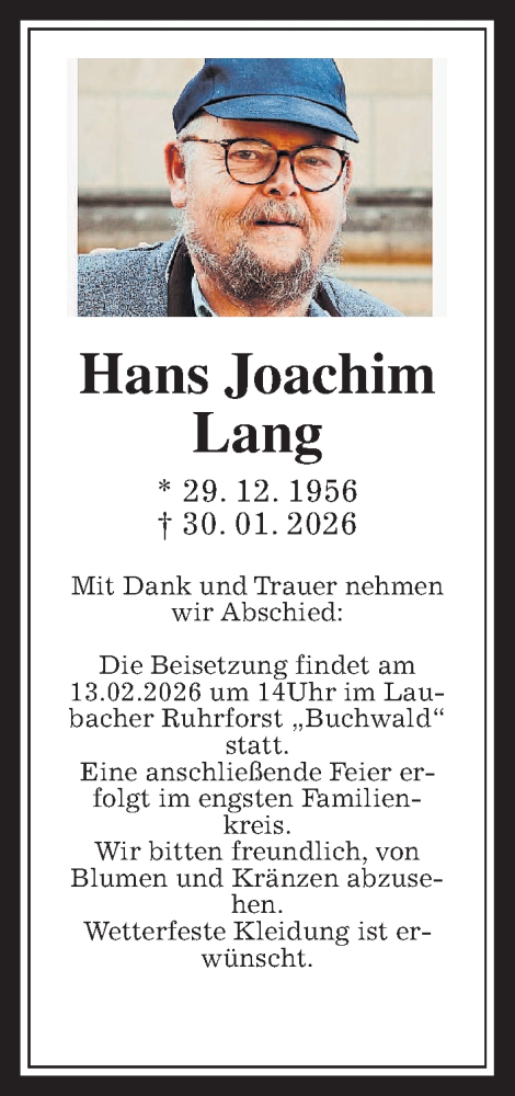 Traueranzeige von Hans Joachim Lang von Giessener Anzeiger
