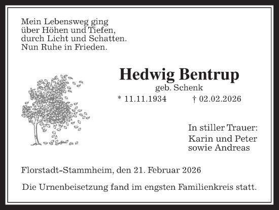 Traueranzeige von Hedwig Bentrup von Wetterauer Zeitung