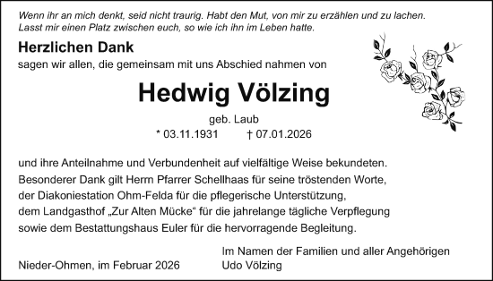 Traueranzeige von Hedwig Völzing von Mücker Stimme