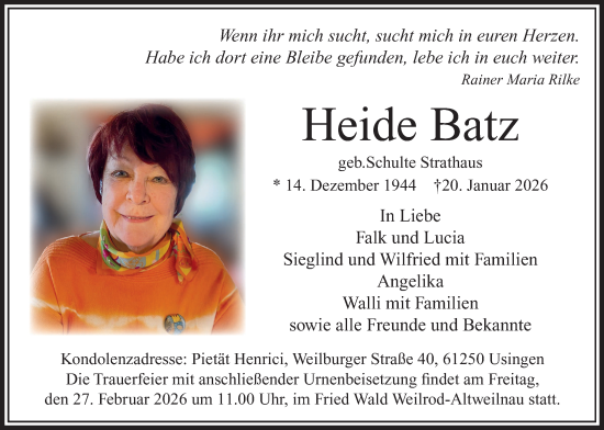 Traueranzeige von Heide Batz von Usinger Anzeigenblatt