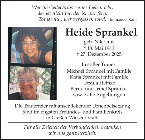 Traueranzeige von Heide Sprankel von Giessener Allgemeine, Alsfelder Allgemeine