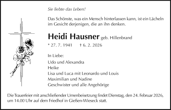 Traueranzeige von Heidi Hausner von Giessener Allgemeine, Alsfelder Allgemeine, Giessener Anzeiger