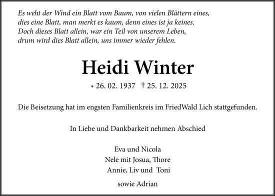 Traueranzeige von Heidi Winter von Licher Wochenblatt