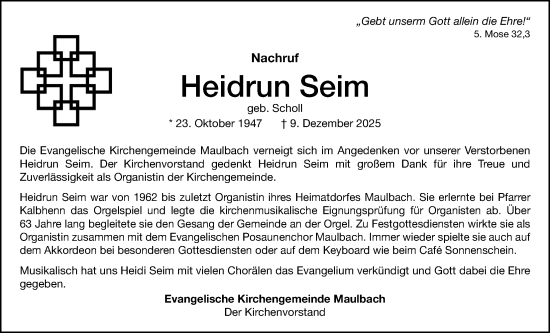 Traueranzeige von Heidrun Seim von Oberhessische Zeitung