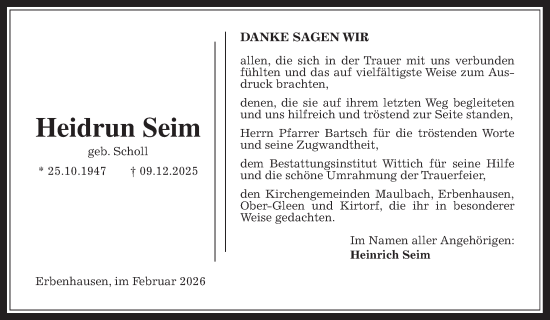 Traueranzeige von Heidrun Seim von Oberhessische Zeitung, Alsfelder Allgemeine