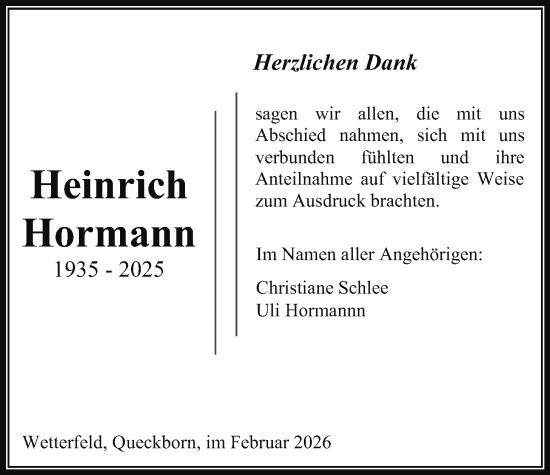 Traueranzeige von Heinrich Hormann von Laubacher Anzeiger, Giessener Allgemeine, Alsfelder Allgemeine