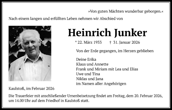 Traueranzeige von Heinrich Junker von Kreis-Anzeiger