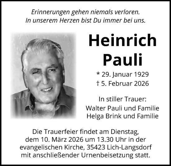 Traueranzeige von Heinrich Pauli von Licher Wochenblatt