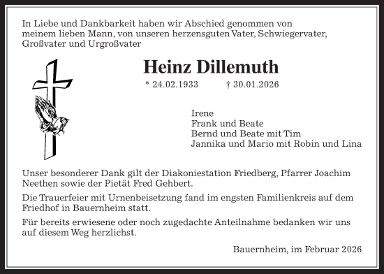 Traueranzeige von Heinz Dillemuth von Wetterauer Zeitung