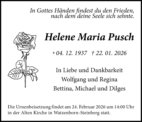 Traueranzeige von Helene Maria Pusch von Giessener Anzeiger, Giessener Allgemeine, Alsfelder Allgemeine