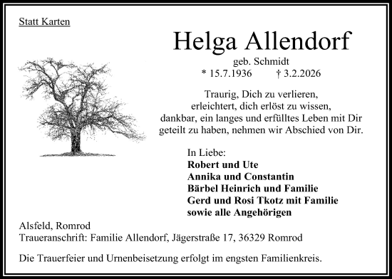 Traueranzeige von Helga Allendorf von Oberhessische Zeitung