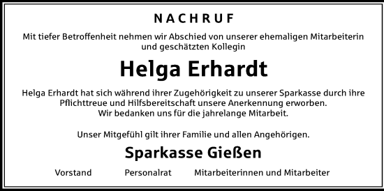 Traueranzeige von Helga Erhardt von Giessener Allgemeine, Alsfelder Allgemeine, Giessener Anzeiger