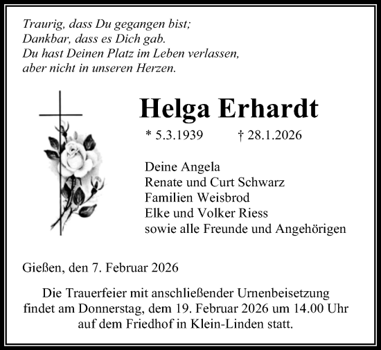 Traueranzeige von Helga Erhardt von Giessener Allgemeine, Alsfelder Allgemeine, Giessener Anzeiger
