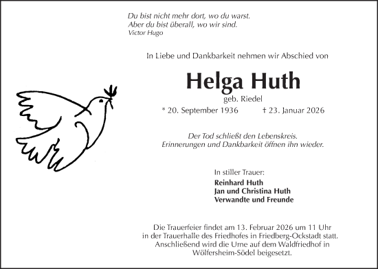 Traueranzeige von Helga Huth von Wetterauer Zeitung