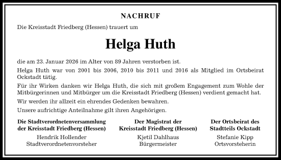 Traueranzeige von Helga Huth von Wetterauer Zeitung