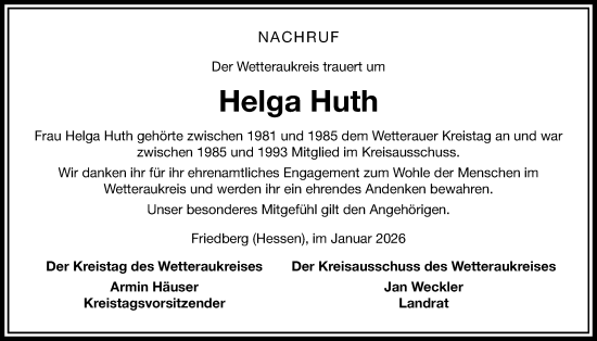 Traueranzeige von Helga Huth von Wetterauer Zeitung
