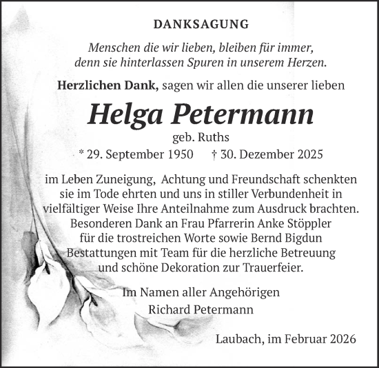 Traueranzeige von Helga Petermann von Laubacher Anzeiger