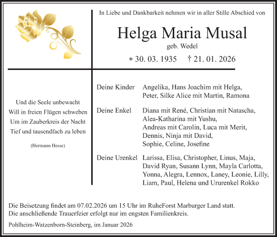 Traueranzeige von Helga Maria Musal von Giessener Allgemeine, Alsfelder Allgemeine, Giessener Anzeiger, Pohlheimer Nachrichten