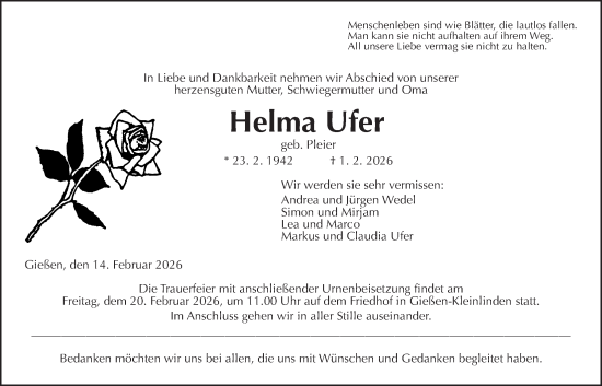 Traueranzeige von Helma Ufer von Giessener Allgemeine, Alsfelder Allgemeine, Giessener Anzeiger