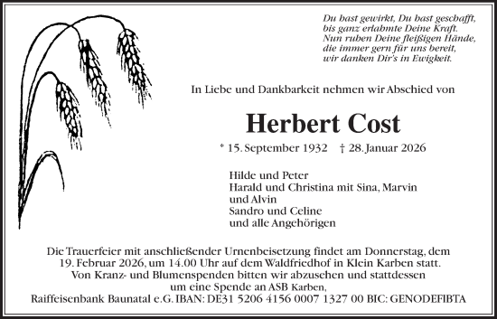Traueranzeige von Herbert Cost von Bad Vilbel/Karben