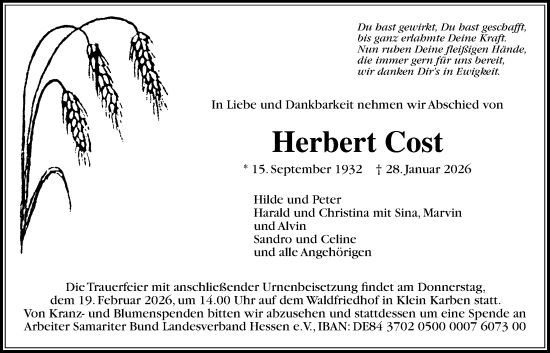 Traueranzeige von Herbert Cost von Bad Vilbel/Karben