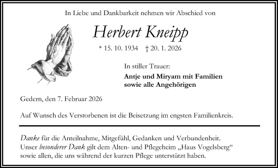 Traueranzeige von Herbert Kneipp von Kreis-Anzeiger