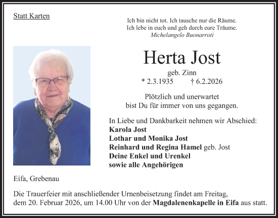 Traueranzeige von Herta Jost von Oberhessische Zeitung