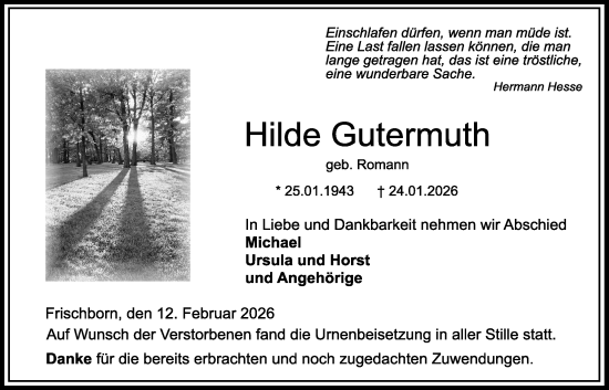 Traueranzeige von Hilde Gutermuth von Lauterbacher Anzeiger