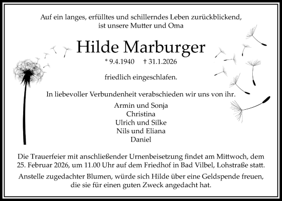 Traueranzeige von Hilde Marburger von Bad Vilbel/Karben