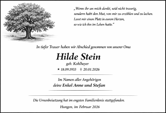 Traueranzeige von Hilde Stein von Licher Wochenblatt