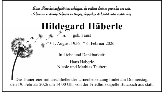 Traueranzeige von Hildegard Häberle von Butzbacher Zeitung
