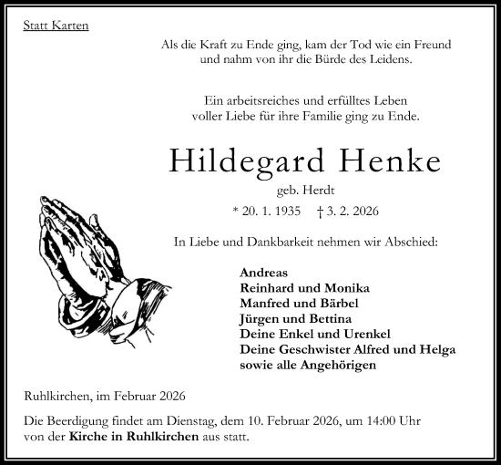 Traueranzeige von Hildegard Henke von Oberhessische Zeitung