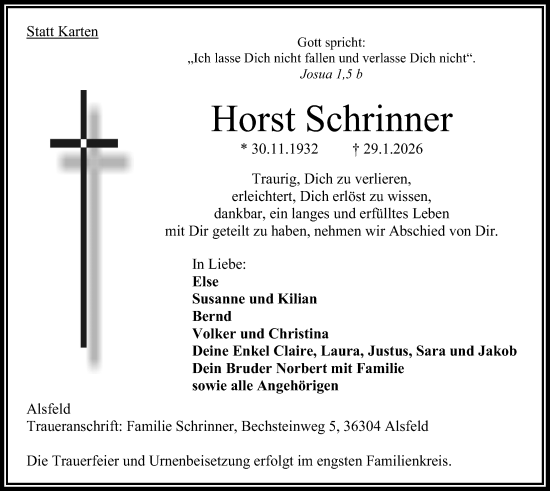 Traueranzeige von Horst Schrinner von Oberhessische Zeitung