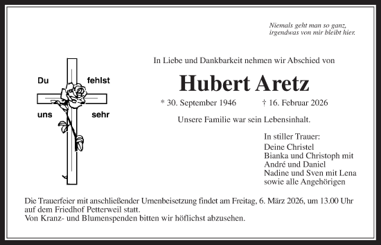 Traueranzeige von Hubert Aretz von Bad Vilbel/Karben
