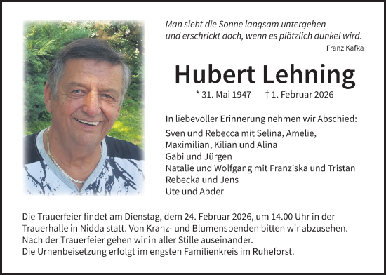 Traueranzeige von Hubert Lehning von Kreis-Anzeiger