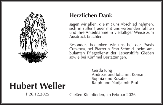 Traueranzeige von Hubert Weller von Giessener Allgemeine, Alsfelder Allgemeine, Giessener Anzeiger