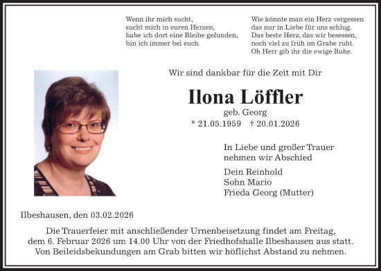 Traueranzeige von Ilona Löffler von Lauterbacher Anzeiger