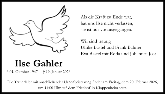 Traueranzeige von Ilse Gahler von Bad Vilbel/Karben