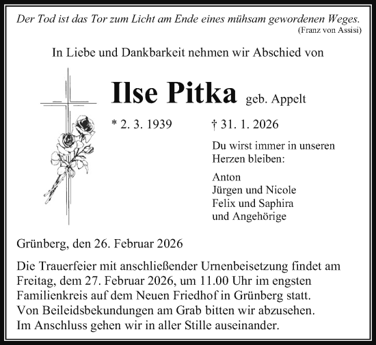 Traueranzeige von Ilse Pitka von Giessener Allgemeine, Alsfelder Allgemeine